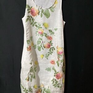 Elegant Floral Midi Dress - White with Pink and Yellow Blooms
